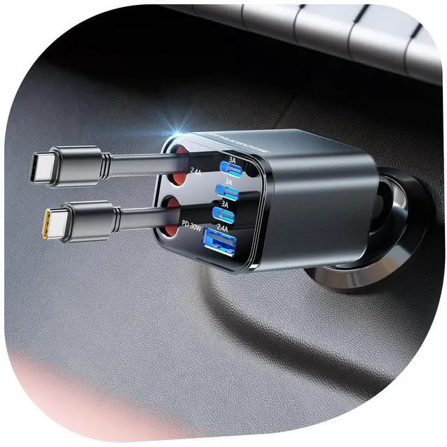 Alt view image 8 of 14 - 6 in 1 Retractable Car Charger with Dual Type C Cables, 99W Ultra-Compact USB C Car Accessories Adapter with 4 USB Ports, Fast Charging Car Charger for iPhone 17/16/15/14/13/12, Galaxy, iPad