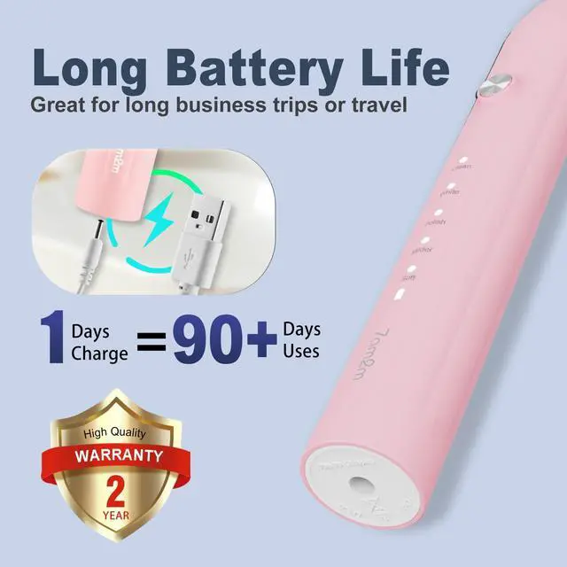 Alt view image 12 of 12 - Sonic Electric Toothbrush for Adults and Kids, with 8 Brush Heads and Travel Case,5 Modes with 2 Minutes Built in Smart Timer, One Charge Use for 90 Days, Rechargeable Toothbrushes(Pink)
