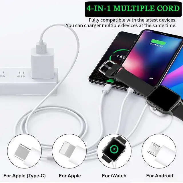 Alt view image 11 of 14 - 4 in 1 Watch & Phone Charger Cable Travel Essentials Multi Charging Cable for Apple Watch, iPhone, USB-C & Micro, Multi Device Charger Cord, 4FT