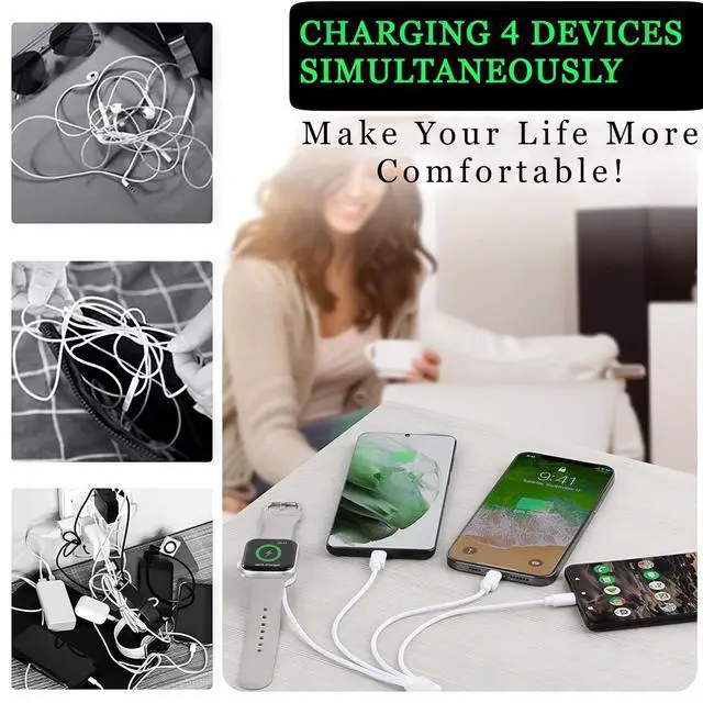 Alt view image 13 of 14 - 4 in 1 Watch & Phone Charger Cable Travel Essentials Multi Charging Cable for Apple Watch, iPhone, USB-C & Micro, Multi Device Charger Cord, 4FT