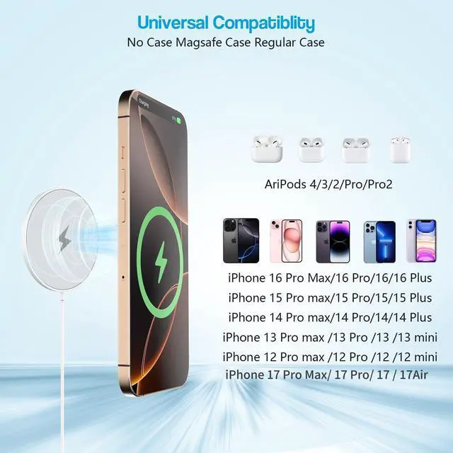 Alt view image 12 of 14 - 10FT Magnetic Wireless Charger,15W Fast Apple Mag-Safe Charger for iPhone 17/16/15 PD with USBC Apple Fast Charging Block 10Foot Quick Charge for iPhone 17/17 Air/17 16 15 Pro/Pro Max/14/13/12/AirPods