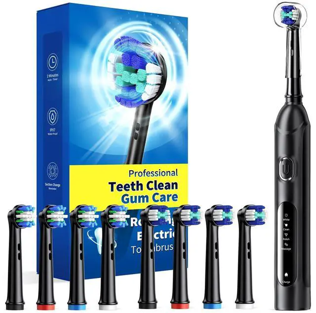 Alt view image 8 of 14 - Rotating Electric Toothbrush for Adults with 8 Brush Heads (2 Types), 4 Modes Deep Clean Electric Toothbrush with Rechargeable Power and 2 Min Smart Timer (1- Black, p1)