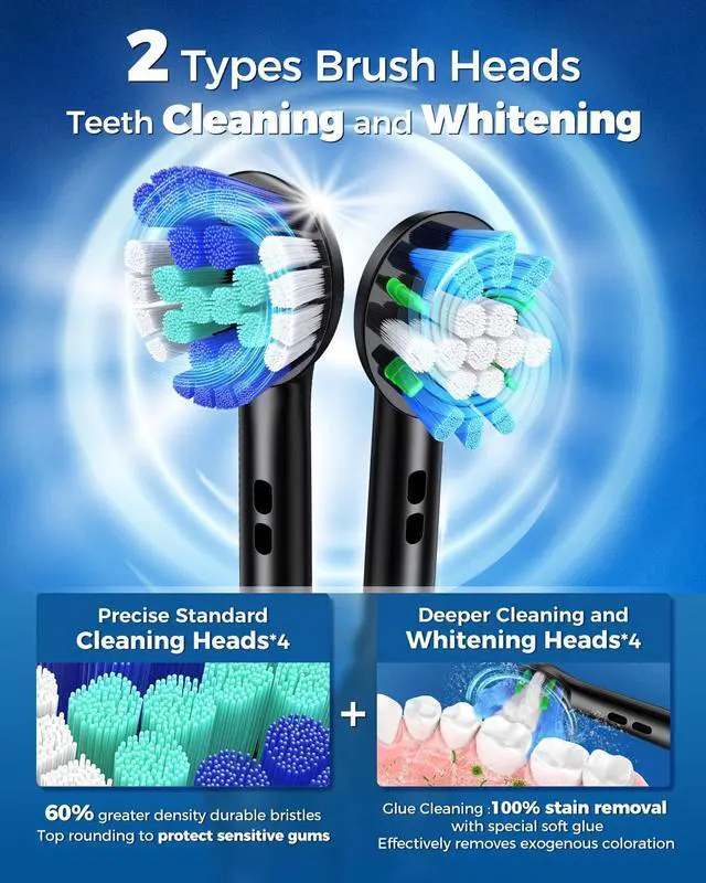 Alt view image 10 of 14 - Rotating Electric Toothbrush for Adults with 8 Brush Heads (2 Types), 4 Modes Deep Clean Electric Toothbrush with Rechargeable Power and 2 Min Smart Timer (1- Black, p1)