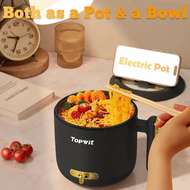 Alt view image 11 of 14 - Hot Pot Electric with Steamer, 1.8L Ramen Cooker, Portable Electric Pot for Cooking, Multifunctional Cooker for Steak, Egg, Soup, Noodle with Power Adjustment, Dorm Room Essential, Black