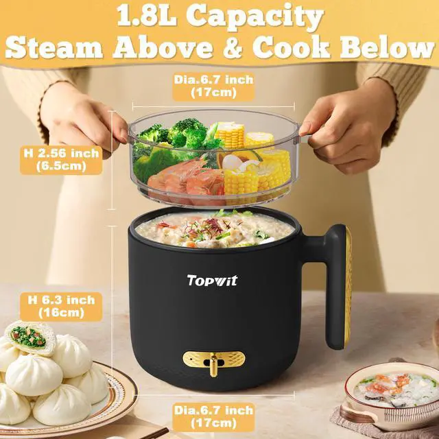 Alt view image 10 of 14 - Hot Pot Electric with Steamer, 1.8L Ramen Cooker, Portable Electric Pot for Cooking, Multifunctional Cooker for Steak, Egg, Soup, Noodle with Power Adjustment, Dorm Room Essential, Black