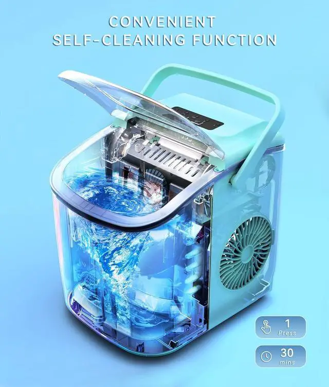 Alt view image 10 of 14 - Portable Ice Maker Countertop, 9 Cubes Ready in 6 Mins, 26 lbs in 24 Hours, Self-Cleaning Machine with Ice Bags/Standing Ice Scoop/Ice Basket for Kitchen Office Bar Party, Aqua