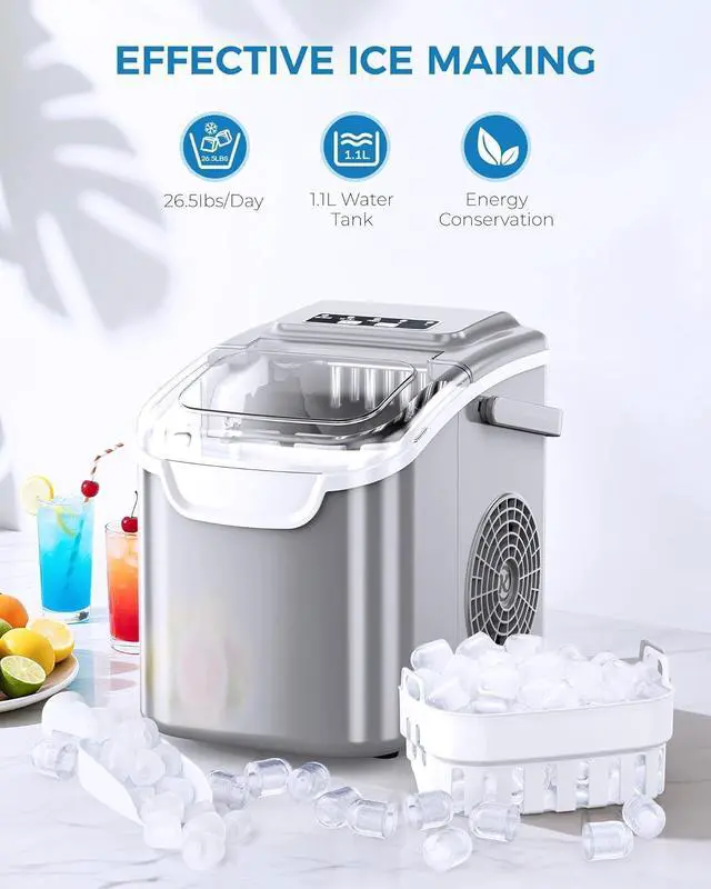 Alt view image 10 of 14 - Countertop Ice Maker Portable Ice Machine with Handle,Self-Cleaning Ice Makers, 26Lbs/24H, 9 Ice Cubes Ready in 6 Mins for Home Kitchen Bar Party (White)