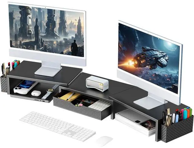 Alt view image 8 of 14 - Dual Monitor Stand Riser, Desk Organizer With Drawer and 2 Pen Holders, Computer Monitor Stand, Shelf for Top of Desk, Black