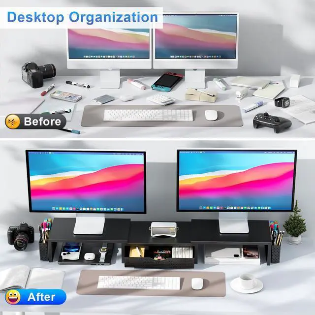 Alt view image 9 of 14 - Dual Monitor Stand Riser, Desk Organizer With Drawer and 2 Pen Holders, Computer Monitor Stand, Shelf for Top of Desk, Black
