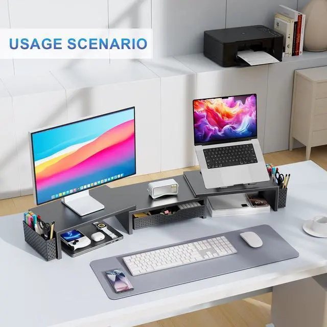 Alt view image 11 of 14 - Dual Monitor Stand Riser, Desk Organizer With Drawer and 2 Pen Holders, Computer Monitor Stand, Shelf for Top of Desk, Black