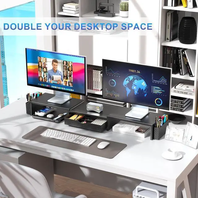 Alt view image 10 of 14 - Dual Monitor Stand Riser, Desk Organizer With Drawer and 2 Pen Holders, Computer Monitor Stand, Shelf for Top of Desk, Black