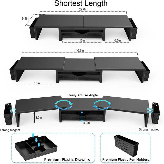 Alt view image 13 of 14 - Dual Monitor Stand Riser, Desk Organizer With Drawer and 2 Pen Holders, Computer Monitor Stand, Shelf for Top of Desk, Black