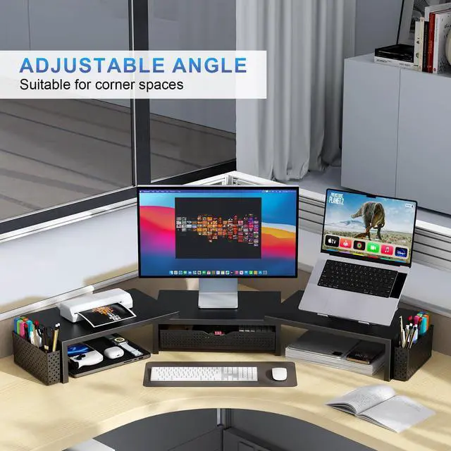 Alt view image 12 of 14 - Dual Monitor Stand Riser, Desk Organizer With Drawer and 2 Pen Holders, Computer Monitor Stand, Shelf for Top of Desk, Black