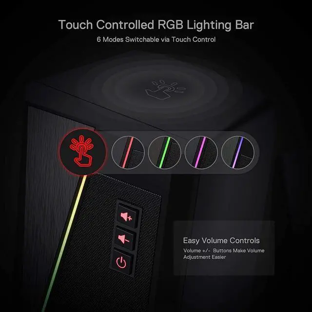 Alt view image 12 of 14 - GS520 RGB Desktop Speakers, 2.0 Channel PC Computer Stereo Speaker with 6 Colorful LED Modes, Enhanced Sound and Easy-Access Volume Control, USB Powered w/ 3.5mm Cable