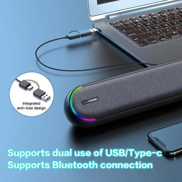 Alt view image 11 of 14 - Desktop Computer Speakers, Stereo Soundbar, Bluetooth 5.3, USB/Type-C Power and Audio Transmission, Plug-and-Play, Compatible with PC, Mac, Laptops, Monitors, RGB Lighting, Wired Gaming Speakers