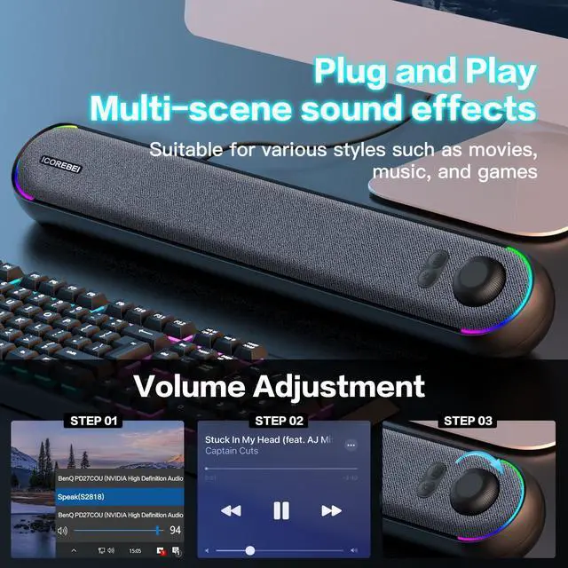 Alt view image 12 of 14 - Desktop Computer Speakers, Stereo Soundbar, Bluetooth 5.3, USB/Type-C Power and Audio Transmission, Plug-and-Play, Compatible with PC, Mac, Laptops, Monitors, RGB Lighting, Wired Gaming Speakers