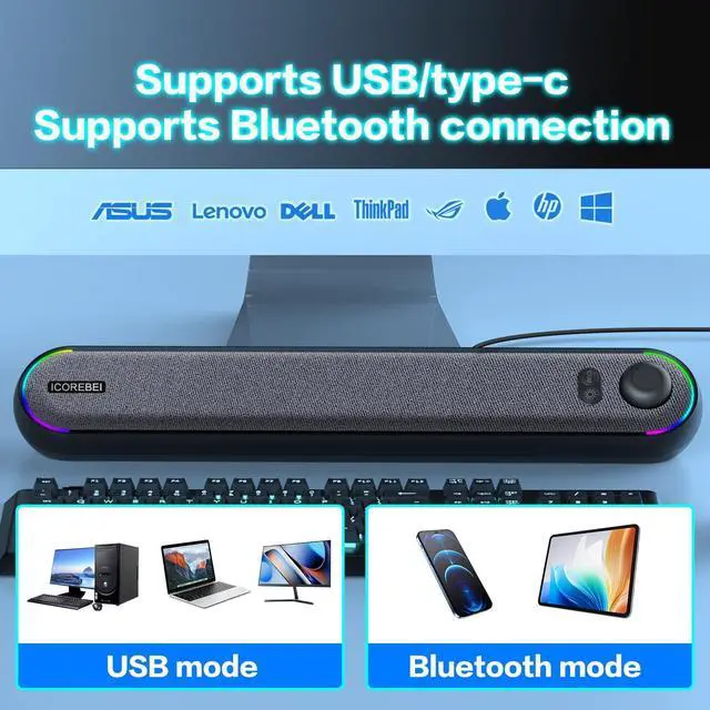 Alt view image 10 of 14 - Desktop Computer Speakers, Stereo Soundbar, Bluetooth 5.3, USB/Type-C Power and Audio Transmission, Plug-and-Play, Compatible with PC, Mac, Laptops, Monitors, RGB Lighting, Wired Gaming Speakers