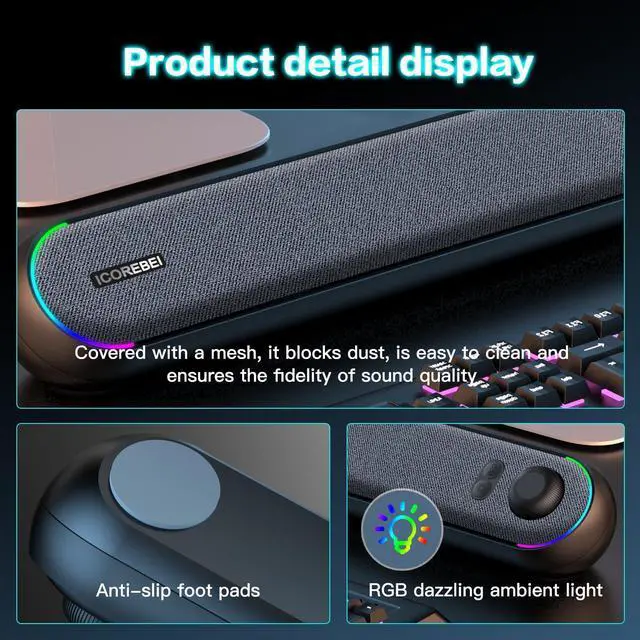 Alt view image 13 of 14 - Desktop Computer Speakers, Stereo Soundbar, Bluetooth 5.3, USB/Type-C Power and Audio Transmission, Plug-and-Play, Compatible with PC, Mac, Laptops, Monitors, RGB Lighting, Wired Gaming Speakers
