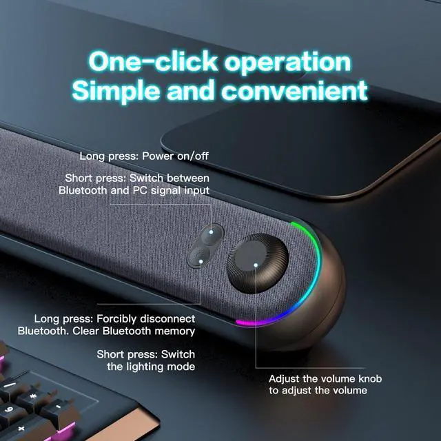Alt view image 14 of 14 - Desktop Computer Speakers, Stereo Soundbar, Bluetooth 5.3, USB/Type-C Power and Audio Transmission, Plug-and-Play, Compatible with PC, Mac, Laptops, Monitors, RGB Lighting, Wired Gaming Speakers