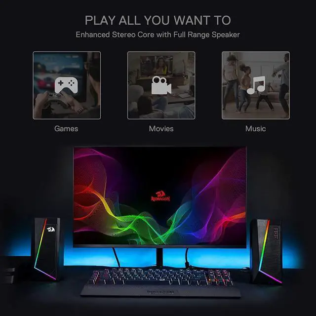 Alt view image 13 of 14 - GS520 RGB Desktop Speakers, 2.0 Channel PC Computer Stereo Speaker with 6 Colorful LED Modes, Enhanced Sound and Easy-Access Volume Control, USB Powered w/ 3.5mm Cable