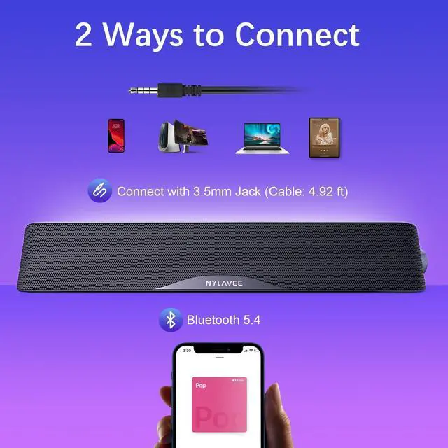 Alt view image 11 of 14 - Computer Speakers with Subwoofer, 2.1 PC Speakers System with Bluetooth 5.4 & 3.5mm Aux-in, 60W Peak Power, AC Adapter Powered Computer Sound Bar for Desktop PC, Laptop, Monitor, Gaming