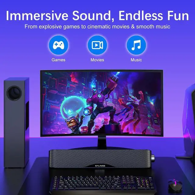 Alt view image 13 of 14 - Computer Speakers with Subwoofer, 2.1 PC Speakers System with Bluetooth 5.4 & 3.5mm Aux-in, 60W Peak Power, AC Adapter Powered Computer Sound Bar for Desktop PC, Laptop, Monitor, Gaming