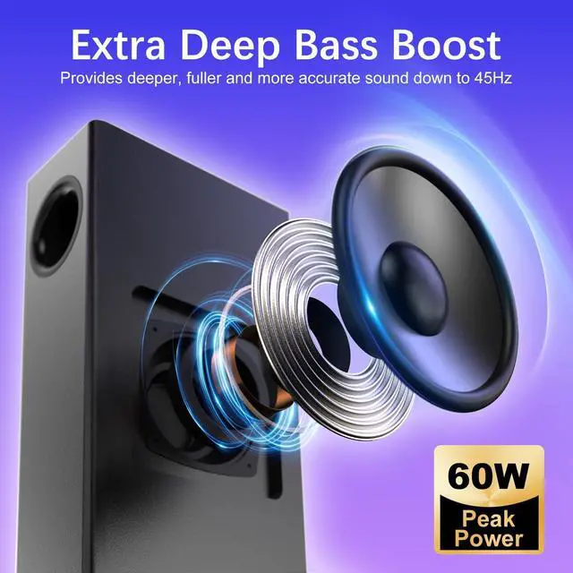 Alt view image 10 of 14 - Computer Speakers with Subwoofer, 2.1 PC Speakers System with Bluetooth 5.4 & 3.5mm Aux-in, 60W Peak Power, AC Adapter Powered Computer Sound Bar for Desktop PC, Laptop, Monitor, Gaming