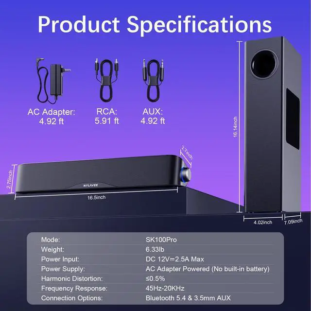 Alt view image 14 of 14 - Computer Speakers with Subwoofer, 2.1 PC Speakers System with Bluetooth 5.4 & 3.5mm Aux-in, 60W Peak Power, AC Adapter Powered Computer Sound Bar for Desktop PC, Laptop, Monitor, Gaming