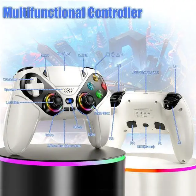 Alt view image 14 of 14 - LED Wireless Controller for PS5, Compatible with PS5 Pro/Slim/PC, Dual Vibration, Macro/Turbo Function, 3.5mm Audio Jack, 6-Axis Motion Control Gamepad with Speaker(White)