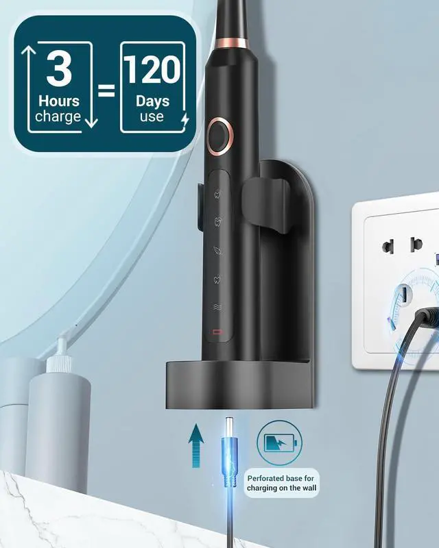 Alt view image 13 of 14 - Electric Toothbrush for Adults, 8 Brush Heads & Travel Case,5 Modes with 2 Minutes Built in Smart Timer, One Charge for 120 Days, 41000 VPM Motor (Black)
