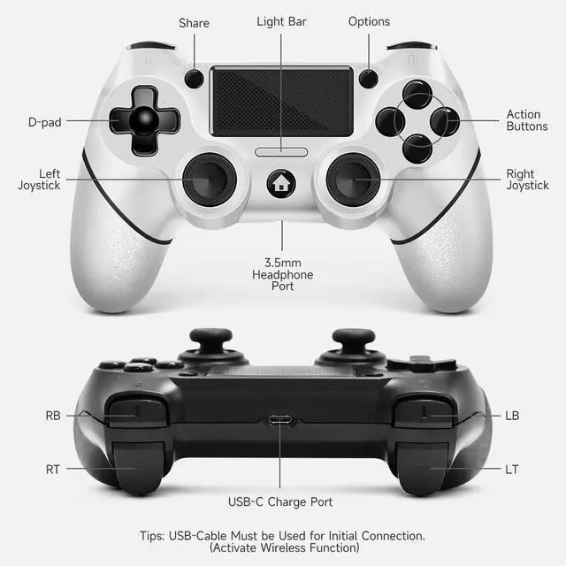 Alt view image 9 of 14 - 2 Pack for PS4 Controller, Wireless Controller for PS4/Pro/Slim/PC, with Non-Slip Grip of Both Sides and USB-C Cable! (Black and White)