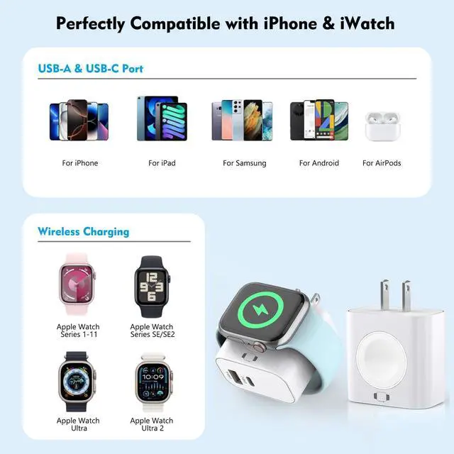 Alt view image 14 of 14 - for Apple Watch Charger,Wireless Magnetic for Apple Watch Charging,2Pack 23W Dual Port(USB-C+USB-A)Fast Wall Charging Block Travel Plug iWatch Charger for iWatch 11/Ultra/SE/10/9/8/7/6,iPhone 17/16/15