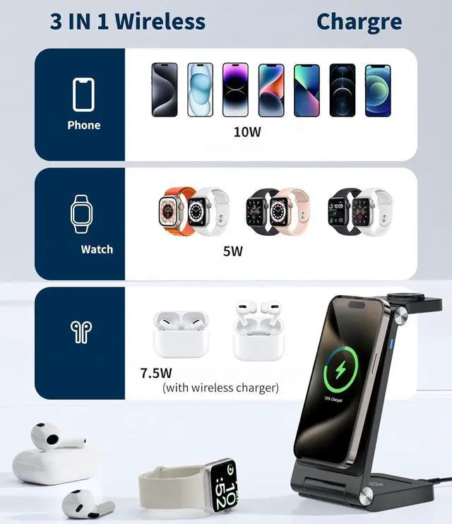 Alt view image 9 of 14 - Magnetic Wireless Charging Station, 3 in 1 Fast Max Charging for Smartphone,Watch,TWS - Space-Saving Multi-Device Stand (Black)