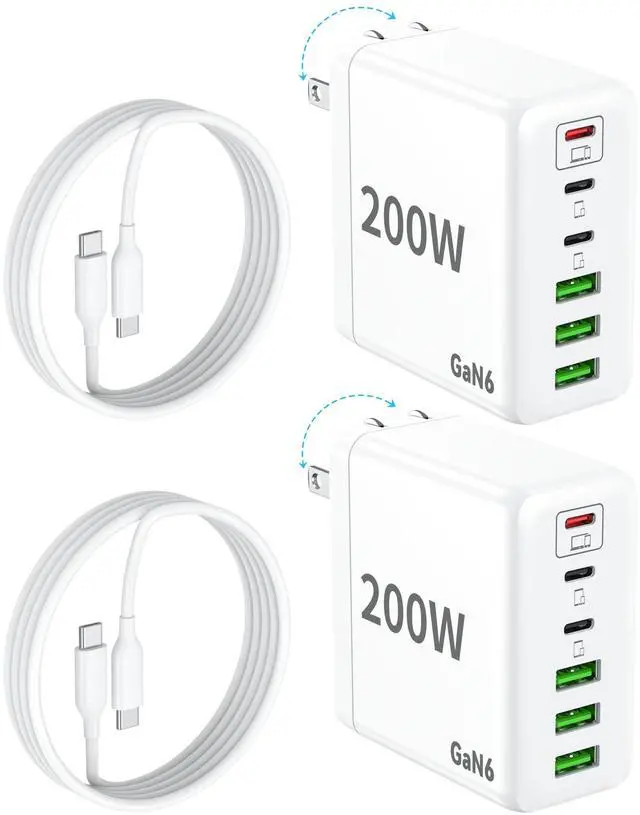 Alt view image 8 of 14 - 2 Pack USB C Charger Block, 200W GaN Super Fast Charger Type C iPhone 17 16 Fast Charging 6 Port Foldable PD Charging Station for All iPhone/Android Phone Samsung Galaxy S25/S24/MacBook iPad