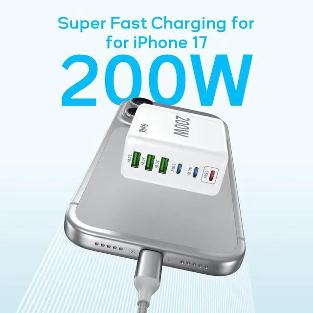 Alt view image 10 of 14 - 2 Pack USB C Charger Block, 200W GaN Super Fast Charger Type C iPhone 17 16 Fast Charging 6 Port Foldable PD Charging Station for All iPhone/Android Phone Samsung Galaxy S25/S24/MacBook iPad