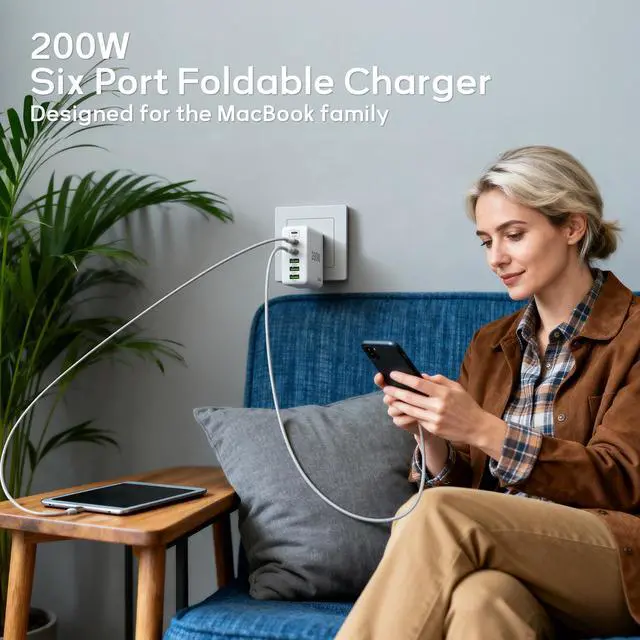 Alt view image 13 of 14 - 2 Pack USB C Charger Block, 200W GaN Super Fast Charger Type C iPhone 17 16 Fast Charging 6 Port Foldable PD Charging Station for All iPhone/Android Phone Samsung Galaxy S25/S24/MacBook iPad