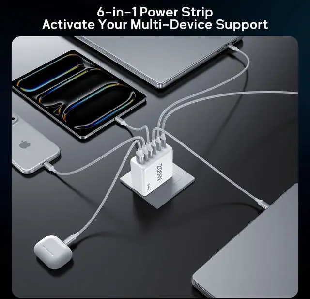 Alt view image 12 of 14 - 2 Pack USB C Charger Block, 200W GaN Super Fast Charger Type C iPhone 17 16 Fast Charging 6 Port Foldable PD Charging Station for All iPhone/Android Phone Samsung Galaxy S25/S24/MacBook iPad