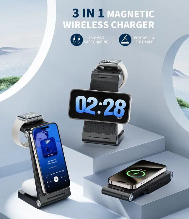 Alt view image 11 of 14 - Magnetic Wireless Charging Station, 3 in 1 Fast Max Charging for Smartphone,Watch,TWS - Space-Saving Multi-Device Stand (Black)