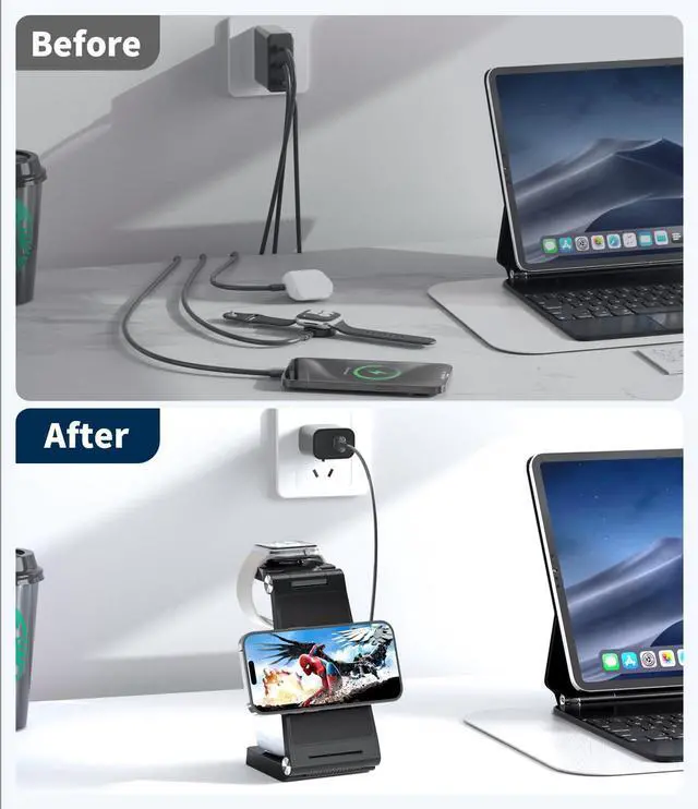 Alt view image 14 of 14 - Magnetic Wireless Charging Station, 3 in 1 Fast Max Charging for Smartphone,Watch,TWS - Space-Saving Multi-Device Stand (Black)