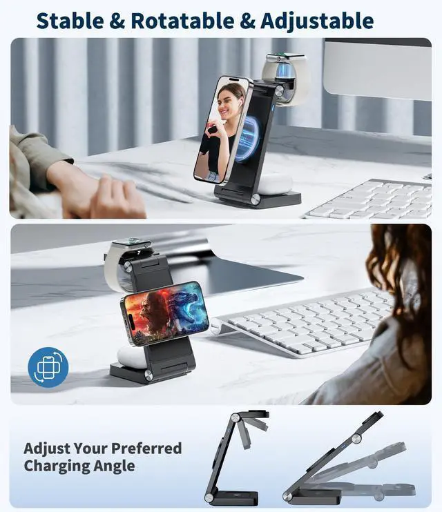 Alt view image 13 of 14 - Magnetic Wireless Charging Station, 3 in 1 Fast Max Charging for Smartphone,Watch,TWS - Space-Saving Multi-Device Stand (Black)