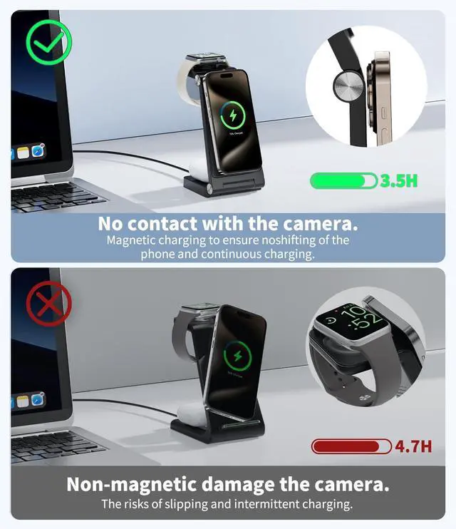 Alt view image 12 of 14 - Magnetic Wireless Charging Station, 3 in 1 Fast Max Charging for Smartphone,Watch,TWS - Space-Saving Multi-Device Stand (Black)