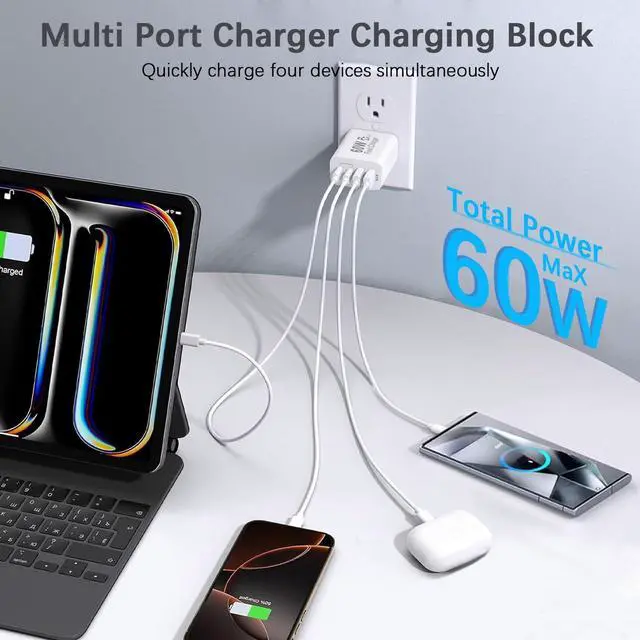 Alt view image 10 of 14 - 60W USB C Charger Block,2Pack 4-Port GaN USB C Charger Fast Charging Wall Plug Dual Type C+Dual USB-A Port Multiport Power Adapter Cube for iPhone 17 Pro Max/16e/15/14/13/12/11,iPad Pro/Air/Mini
