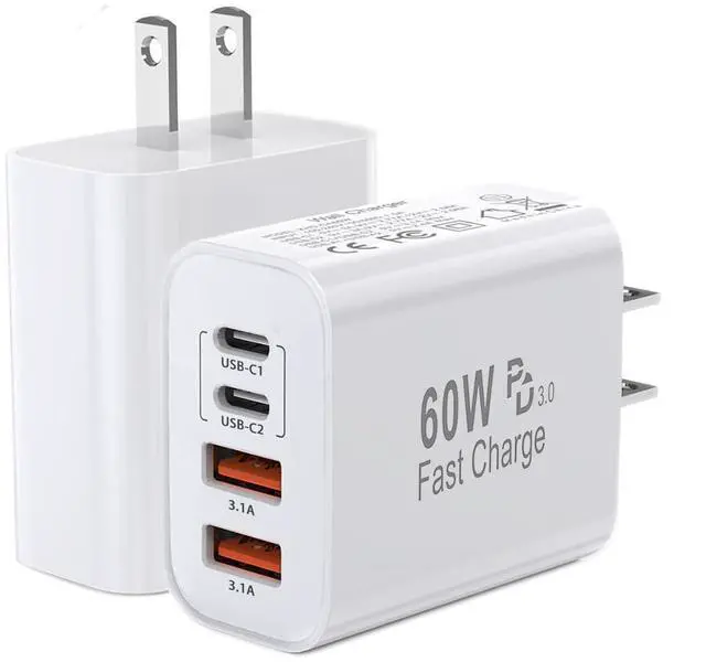Alt view image 8 of 14 - 60W USB C Charger Block,2Pack 4-Port GaN USB C Charger Fast Charging Wall Plug Dual Type C+Dual USB-A Port Multiport Power Adapter Cube for iPhone 17 Pro Max/16e/15/14/13/12/11,iPad Pro/Air/Mini