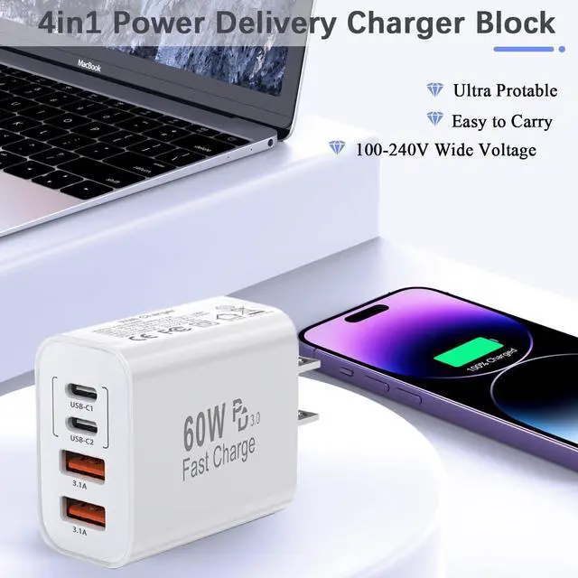 Alt view image 14 of 14 - 60W USB C Charger Block,2Pack 4-Port GaN USB C Charger Fast Charging Wall Plug Dual Type C+Dual USB-A Port Multiport Power Adapter Cube for iPhone 17 Pro Max/16e/15/14/13/12/11,iPad Pro/Air/Mini