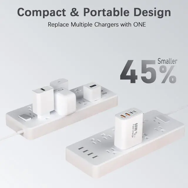 Alt view image 12 of 14 - 60W USB C Charger Block,2Pack 4-Port GaN USB C Charger Fast Charging Wall Plug Dual Type C+Dual USB-A Port Multiport Power Adapter Cube for iPhone 17 Pro Max/16e/15/14/13/12/11,iPad Pro/Air/Mini