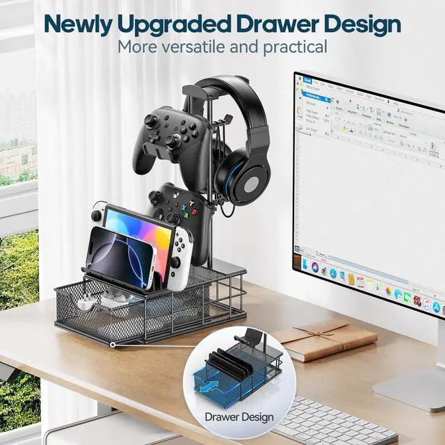 Alt view image 9 of 14 - Headphone Stand with Drawer - Headset & Controller Holder for Desk - Aluminum Supporting Bar Earphone Stand with Cable Organizer - Universal Gaming PC Accessories Storage