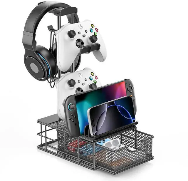 Alt view image 8 of 14 - Headphone Stand with Drawer - Headset & Controller Holder for Desk - Aluminum Supporting Bar Earphone Stand with Cable Organizer - Universal Gaming PC Accessories Storage