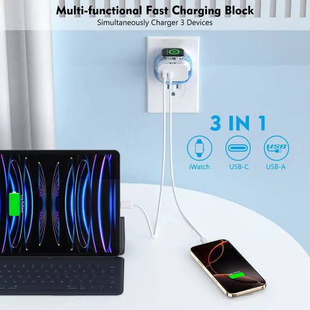 Alt view image 9 of 14 - for Apple Watch Charger,Wireless Magnetic for Apple Watch Charging,2Pack 23W Dual Port(USB-C+USB-A)Fast Wall Charging Block Travel Plug iWatch Charger for iWatch 11/Ultra/SE/10/9/8/7/6,iPhone 17/16/15