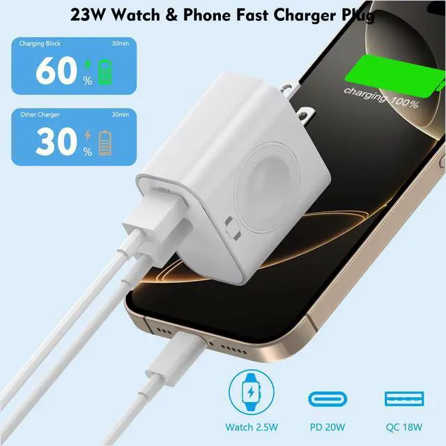 Alt view image 10 of 14 - for Apple Watch Charger,Wireless Magnetic for Apple Watch Charging,2Pack 23W Dual Port(USB-C+USB-A)Fast Wall Charging Block Travel Plug iWatch Charger for iWatch 11/Ultra/SE/10/9/8/7/6,iPhone 17/16/15