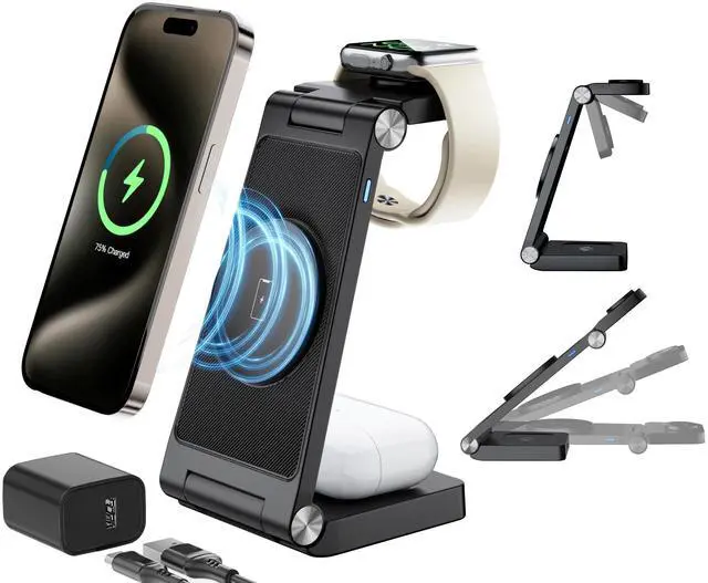 Alt view image 8 of 14 - Magnetic Wireless Charging Station, 3 in 1 Fast Max Charging for Smartphone,Watch,TWS - Space-Saving Multi-Device Stand (Black)